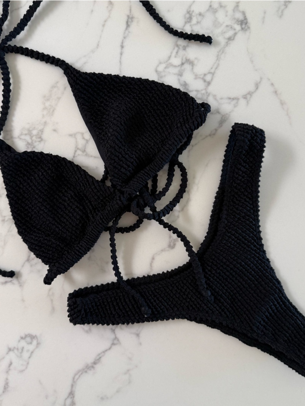 Pukai Swim Triangle Top & Thong Bottoms Crinkle Bikini SET - Black - Size Medium - Picture 2 of 8